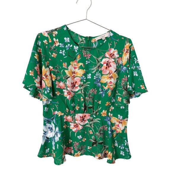 Loft Peplum Blouse Size 2 Floral Short Sleeve Back Zipper Green Multicolor Boho - Picture 3 of 8